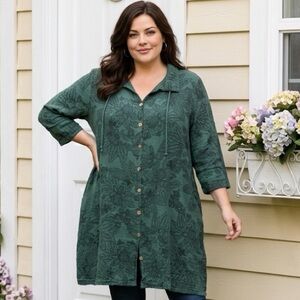Green Cotton Floral Mandala Button Front Tunic Dress/Duster Pockets XL
